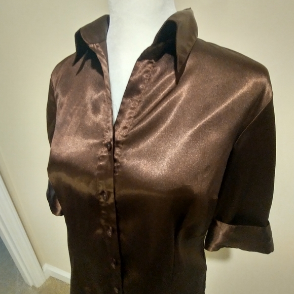 Cato Glossy Brown Satin Shirt - Picture 2 of 9